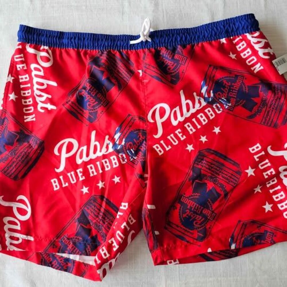 NWT Pabst Blue Ribbon Beer Americana Swim Shorts XL Red White Blue Brand New